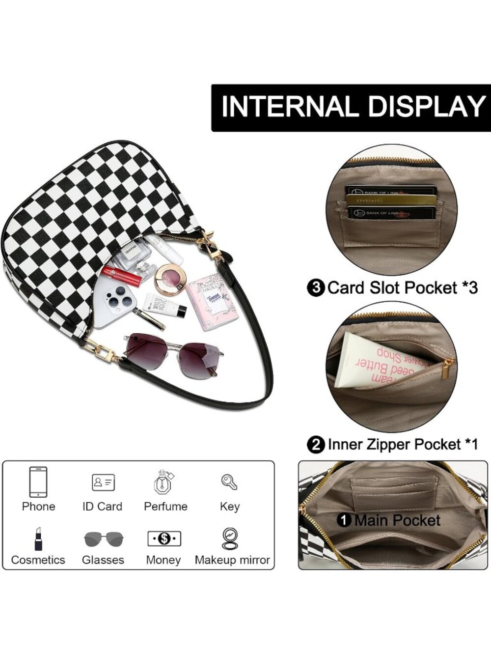 Women's Black&white Cute HandBags Retro Hobo Shoulder Clutch Underarm Purse - Picture 5 of 6